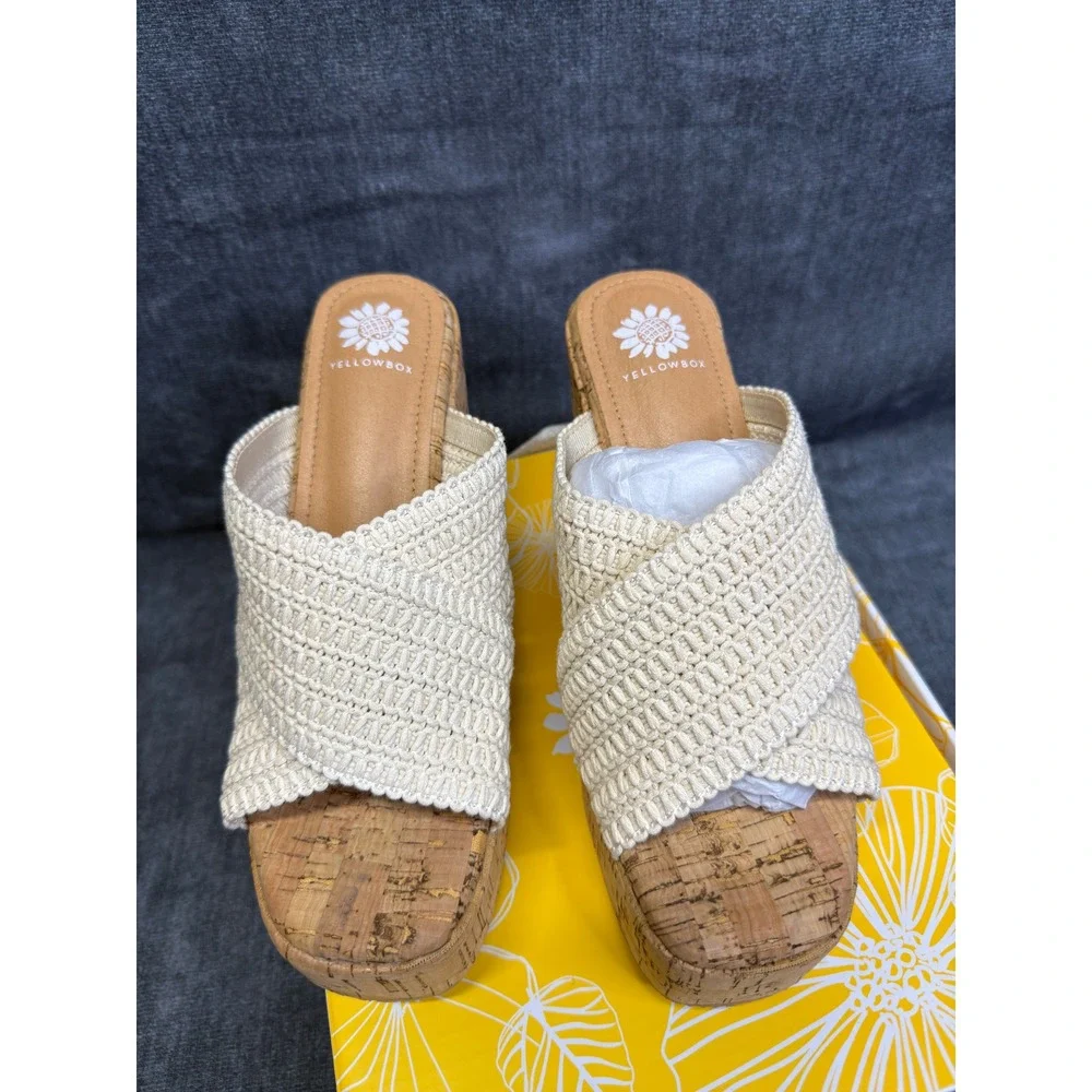 Yellow Box Halva Sandals Womens 7 Natural Woven Cork High Wedge Platform Slide